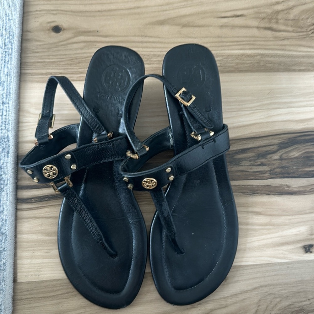 Tory Burch, black leather sandals wedge heel 11